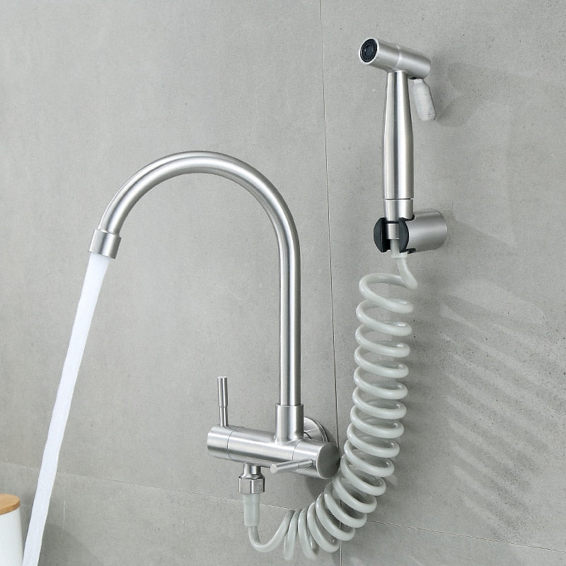 304 Stainless Steel Kitchen Faucet Balcony Laundry Pool Mop Pool Wall Mounted Single Cold Water Tap Spray Gun Bidet