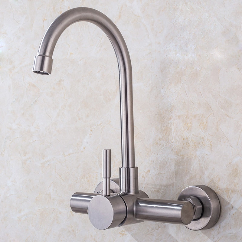 304 Stainless Steel Kitchen Wall-mounted Sink Faucet Double Hole Rotatable Hot and Cold Dish Sink Dish Sink Tap