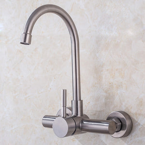 304 Stainless Steel Kitchen Wall-mounted Sink Faucet Double Hole Rotatable Hot and Cold Dish Sink Dish Sink Tap