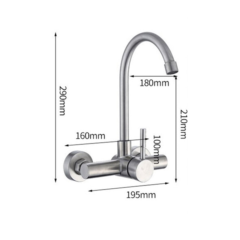 304 Stainless Steel Kitchen Wall-mounted Sink Faucet Double Hole Rotatable Hot and Cold Dish Sink Dish Sink Tap