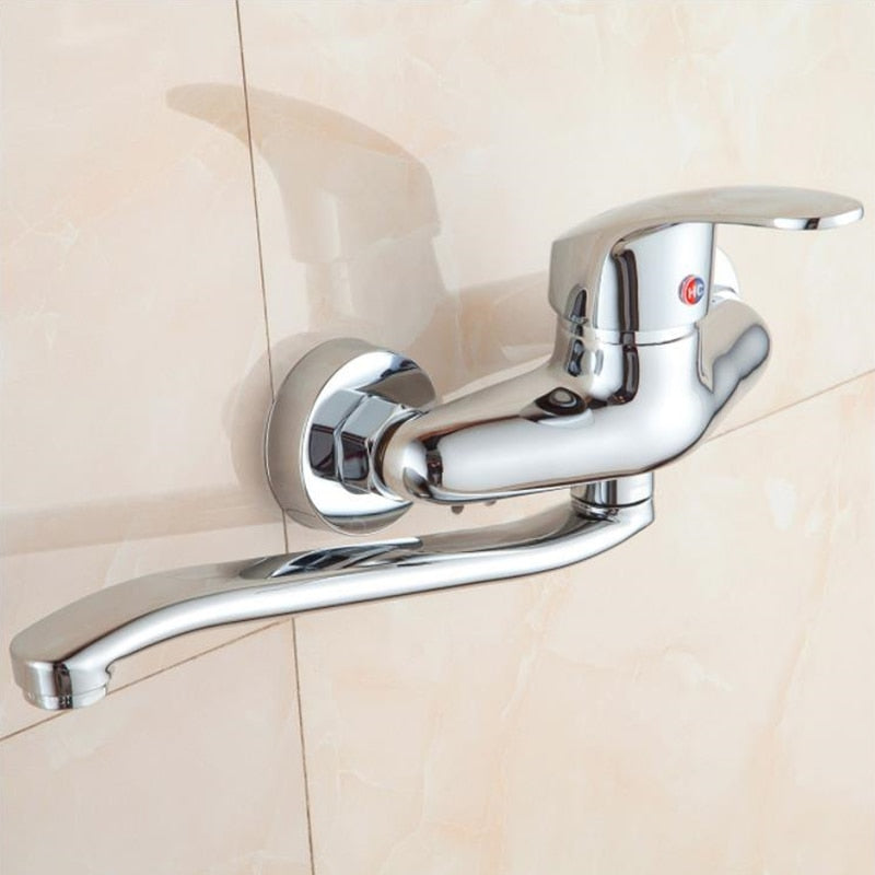 Wall Mounted Double Holes Hot and Cold Tap Bathroom Faucet Long Arm 360 Rotate Solid Brass Kitchen Faucet Sink Mixer Tap