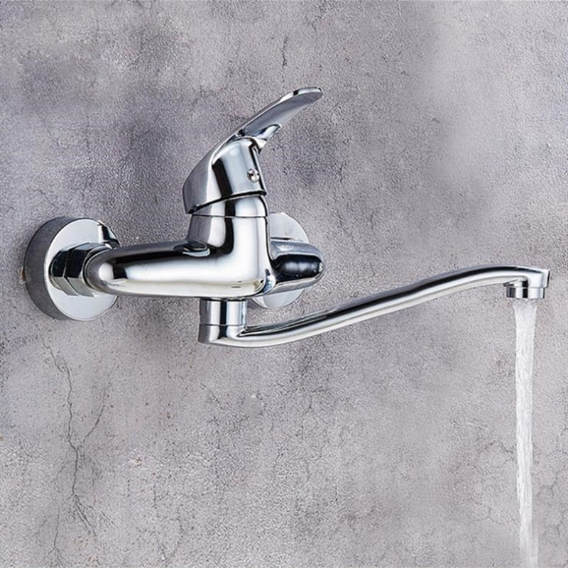 Wall Mounted Double Holes Hot and Cold Tap Bathroom Faucet Long Arm 360 Rotate Solid Brass Kitchen Faucet Sink Mixer Tap