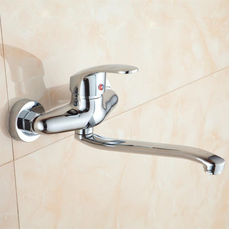 Wall Mounted Double Holes Hot and Cold Tap Bathroom Faucet Long Arm 360 Rotate Solid Brass Kitchen Faucet Sink Mixer Tap