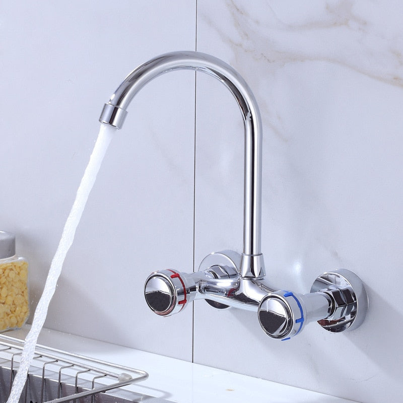 Wall Mounted Kitchen Faucet Double Handle Sink Basin Tap Cold Hot Water Mixer Tap Dual Hole Bathroom Sink Wash Basin Water Tap