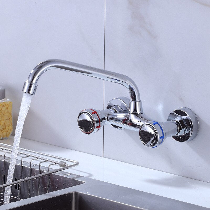 Wall Mounted Kitchen Faucet Double Handle Sink Basin Tap Cold Hot Water Mixer Tap Dual Hole Bathroom Sink Wash Basin Water Tap